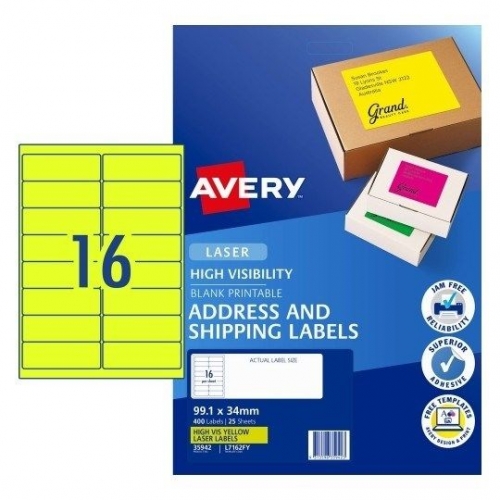 LABEL AVERY LASER L7162FY YELLOW 99.1x34mm 25/16s 35942