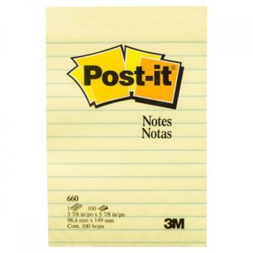 POST-IT NOTES 660 RULED YELLOW 98x149mm