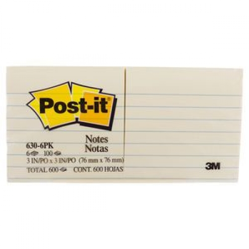 POST-IT NOTES 630-6PK RULED YELLOW 73x73mm 6s