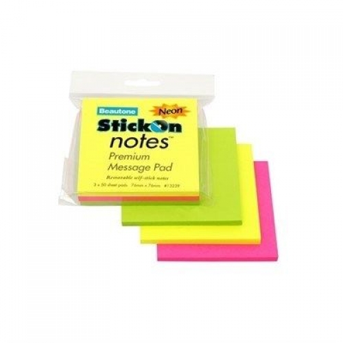 STICK ON NOTES BEAUTONE NEON 76x76mm 3s 13239.