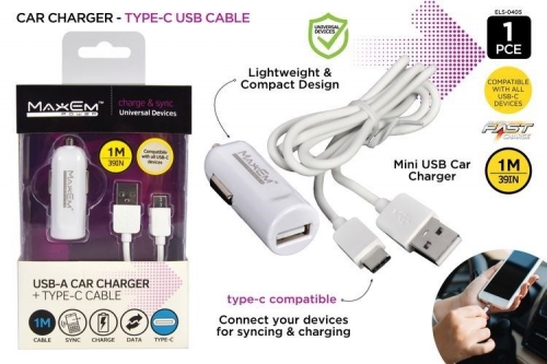 USB CAR CHARGER W/TYPE-C CABLE 1M