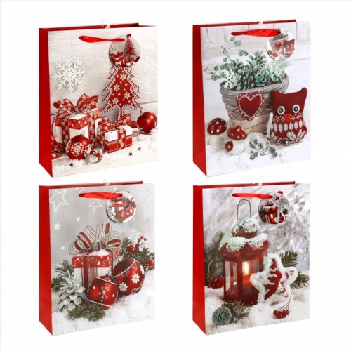 CHRISTMAS GIFT BAG RED/GREY MEDIUM 18x23x10cm