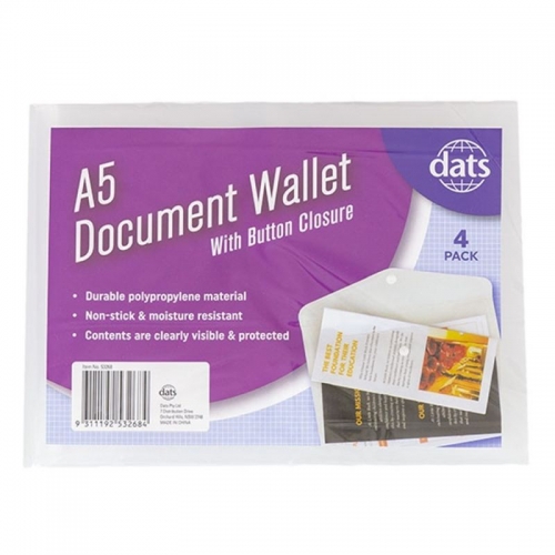 DOCUMENT WALLET PP W BUTTON CLOSE A5 4PK CLEAR
